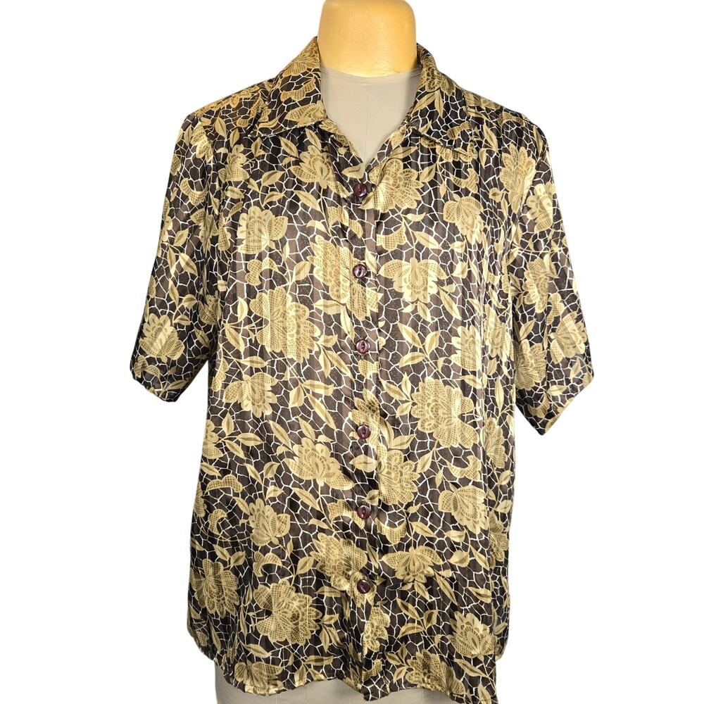 Selene Sport Womens 2X Top Button Up Floral Leaf Tropical Earth Tone‎ Statement